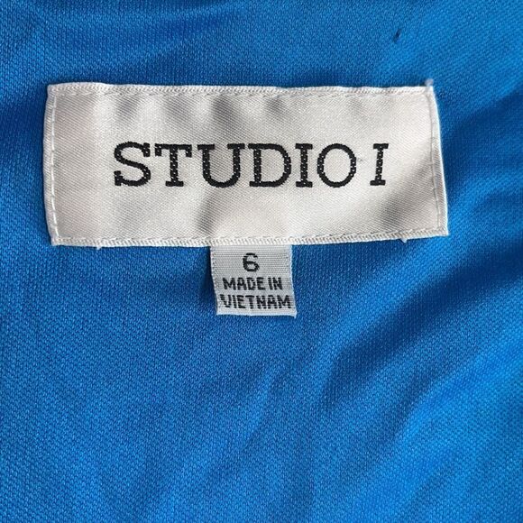 Studio I Blue Printed Ruched & Buckle Waistband Dress Sz 6 - Picture 13 of 16